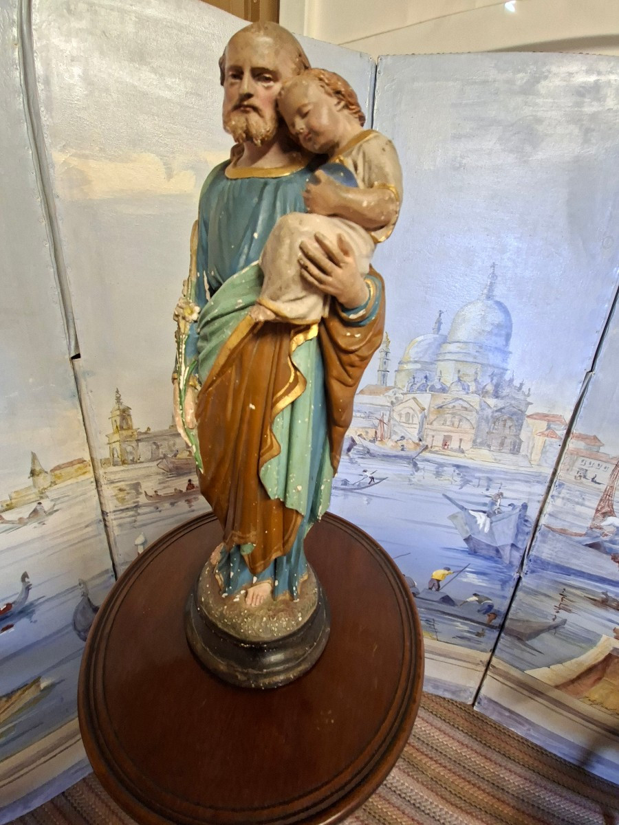 Statue Joseph et l'Enfant Jésus en plâtre peint Polychrome .