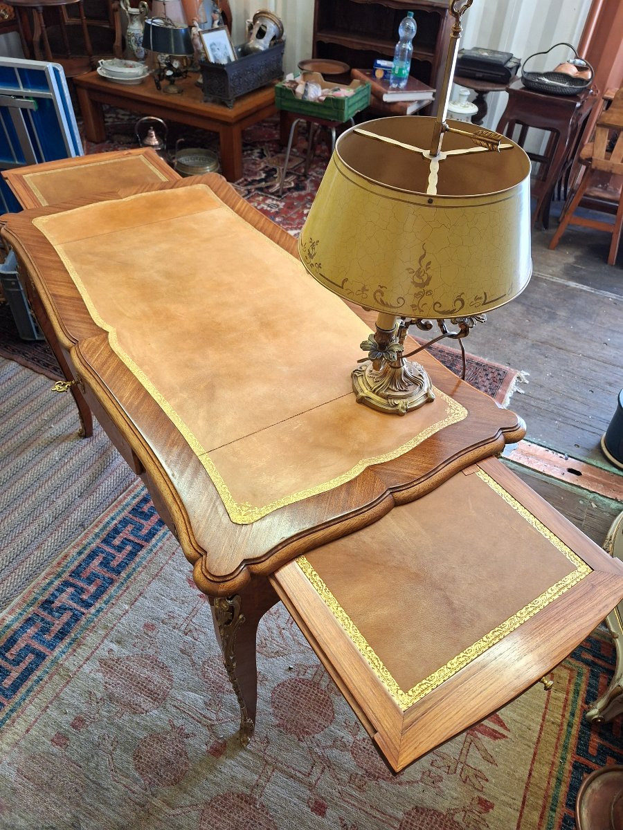 Bureau Plat style Louis XV en Marqueterie de Bois de Rose-photo-2