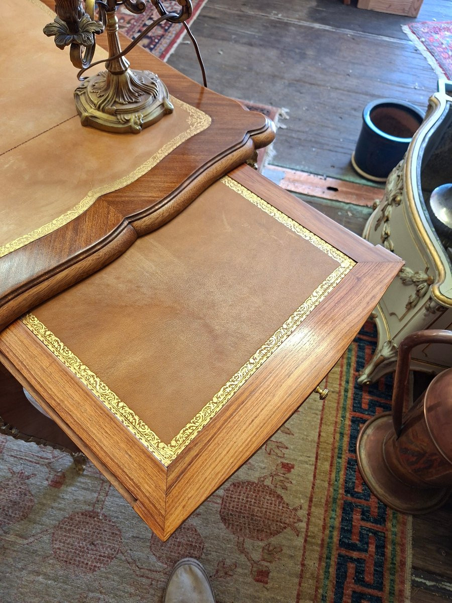 Bureau Plat style Louis XV en Marqueterie de Bois de Rose-photo-3