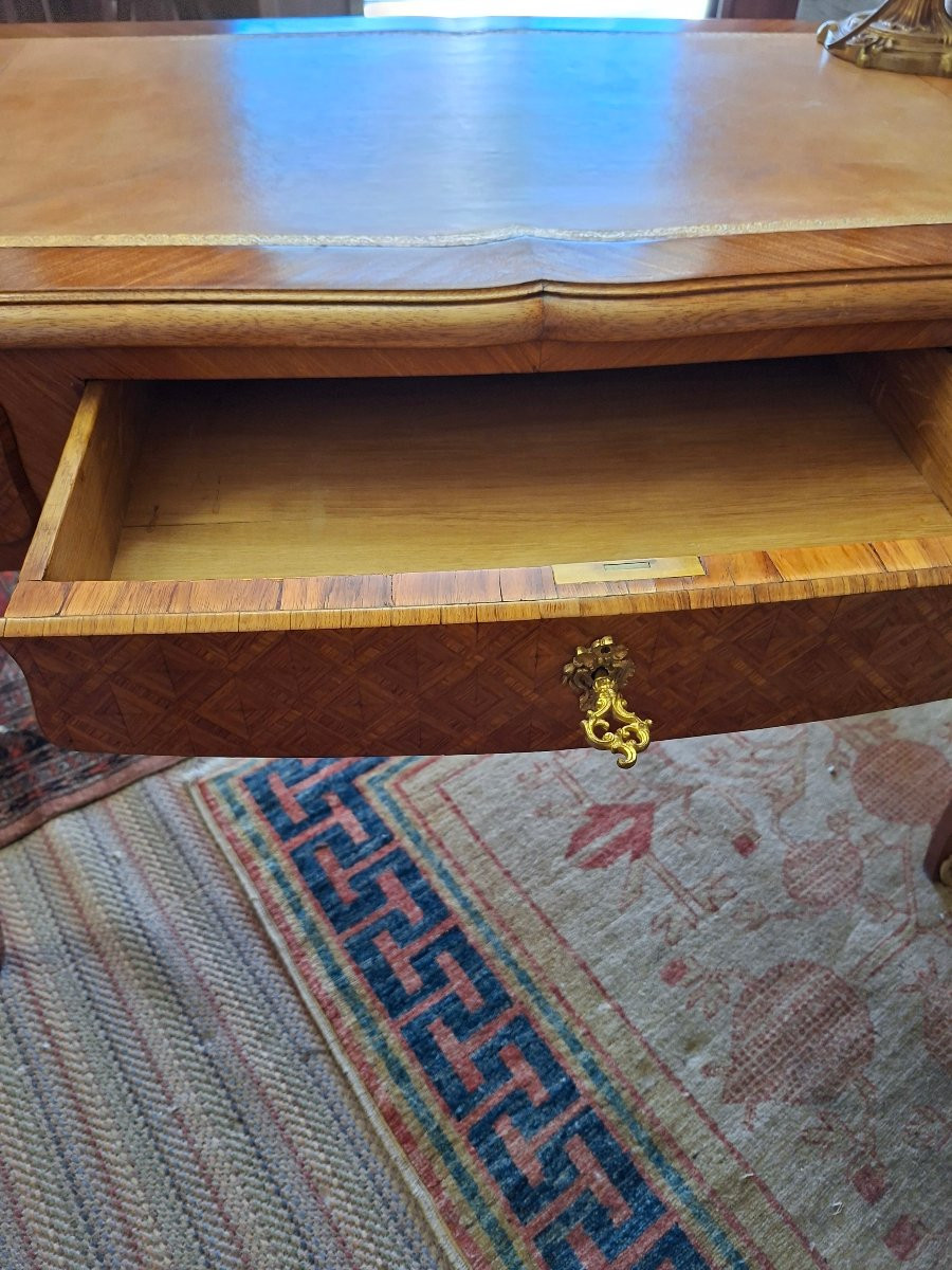 Bureau Plat style Louis XV en Marqueterie de Bois de Rose-photo-3