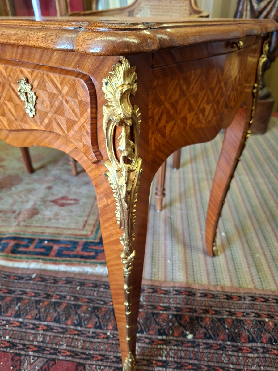Bureau Plat style Louis XV en Marqueterie de Bois de Rose-photo-6