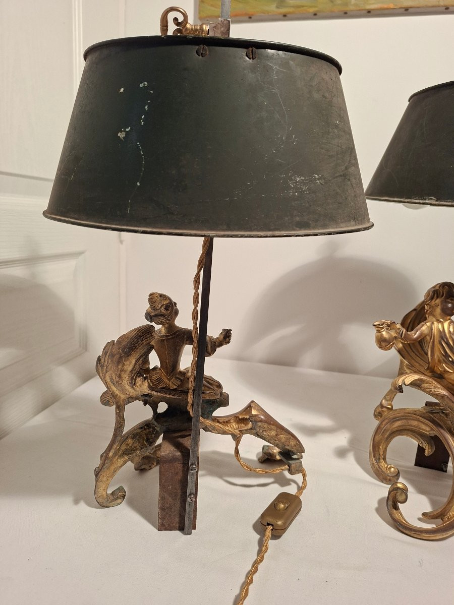 Lampes Bouillottes Monté sur Base de Chenets à Sujets en Bronze de Style Louis XV -photo-4