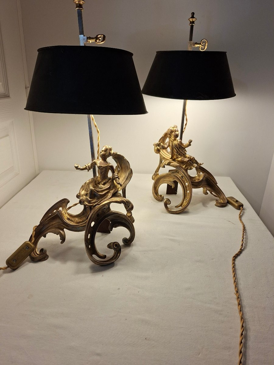 Lampes Bouillottes Monté sur Base de Chenets à Sujets en Bronze de Style Louis XV -photo-6