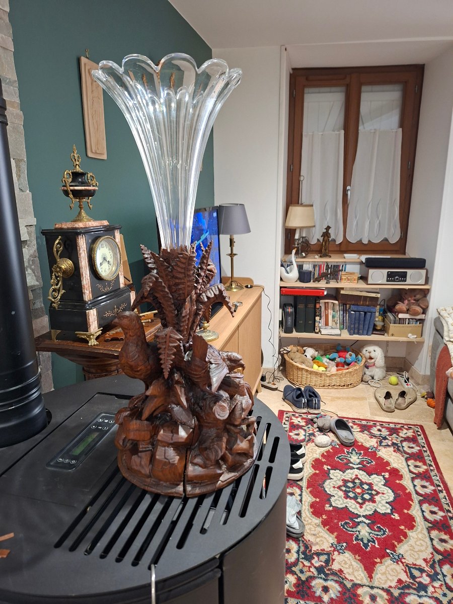 Vase en Cristal Soliflore Art Nouveau en Bois Naturel Sculpté -photo-7