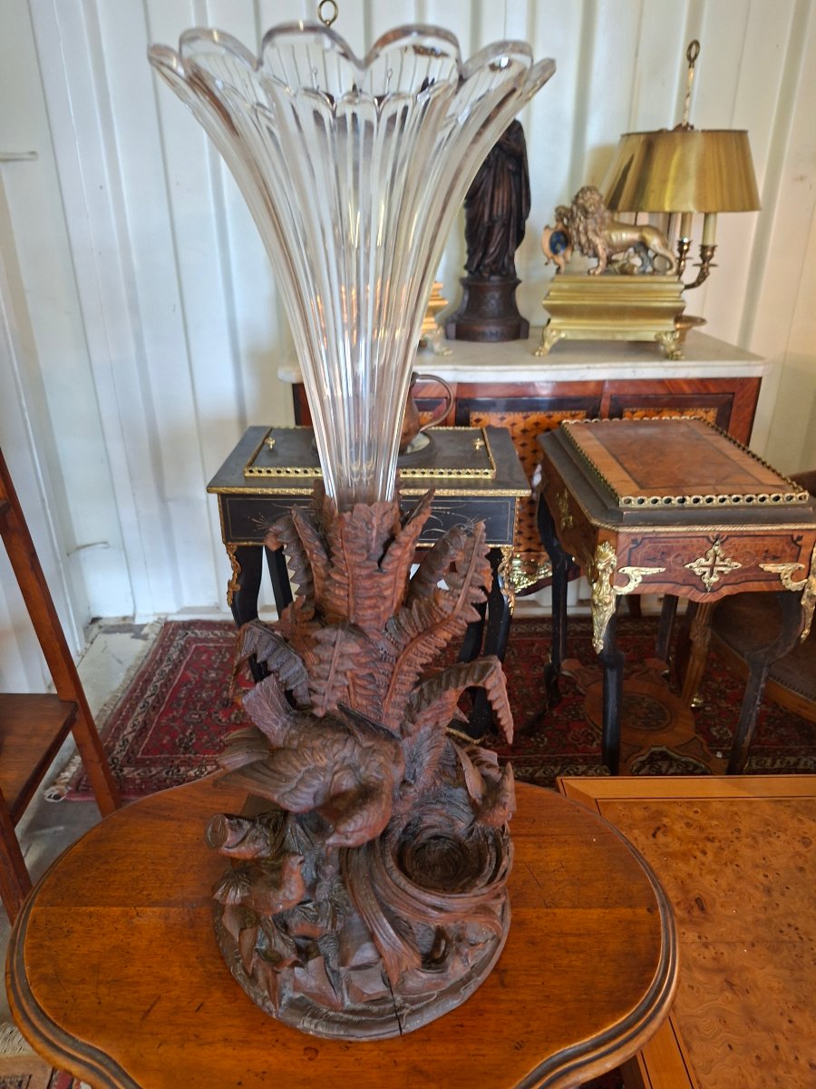 Vase en Cristal Soliflore Art Nouveau en Bois Naturel Sculpté 