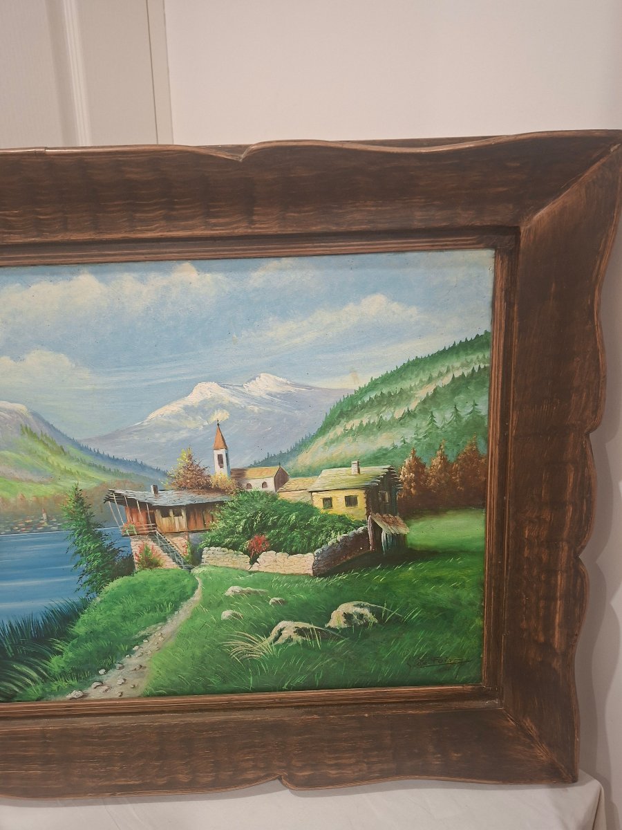 Oil On Canvas: Mountain Landscape With Lake Annecy In The Background -photo-3