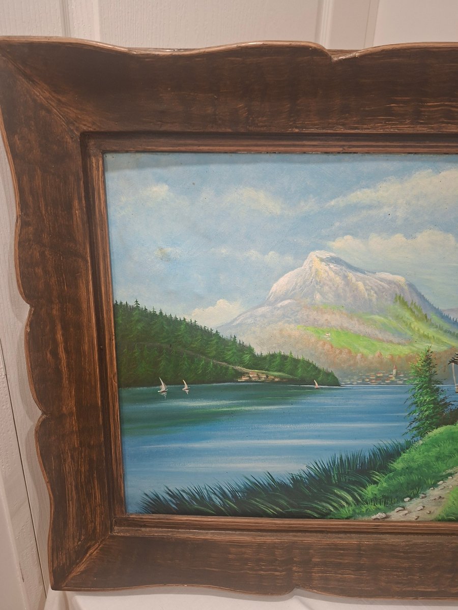 Oil On Canvas: Mountain Landscape With Lake Annecy In The Background -photo-4