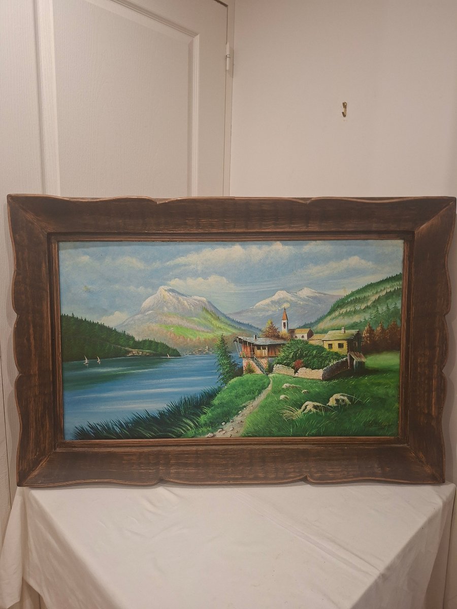 Oil On Canvas: Mountain Landscape With Lake Annecy In The Background 