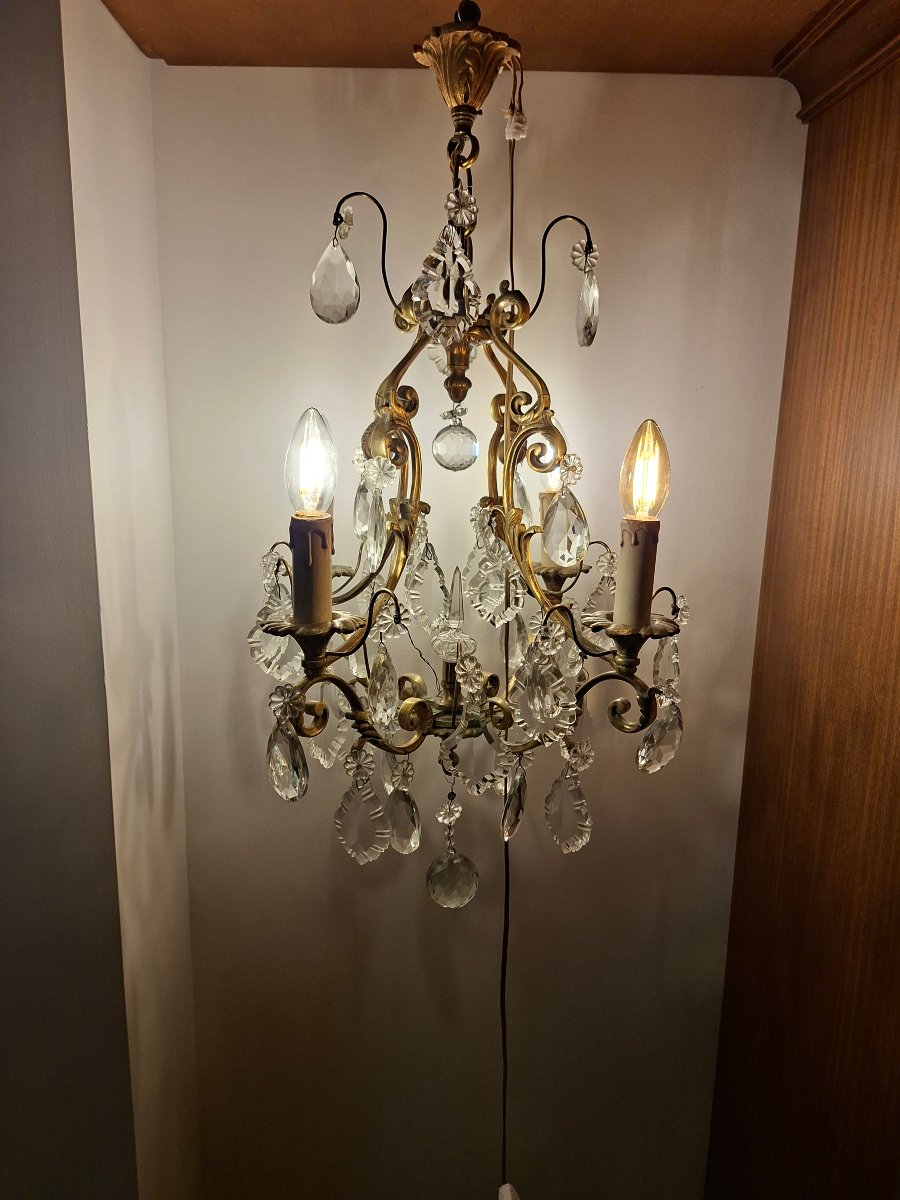 Lustre Cage en Bronze doré et Pampilles de Cristal  -photo-2