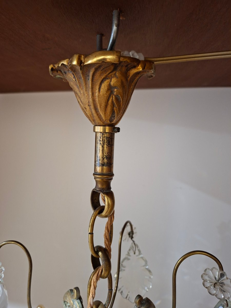 Lustre Cage en Bronze doré et Pampilles de Cristal  -photo-1