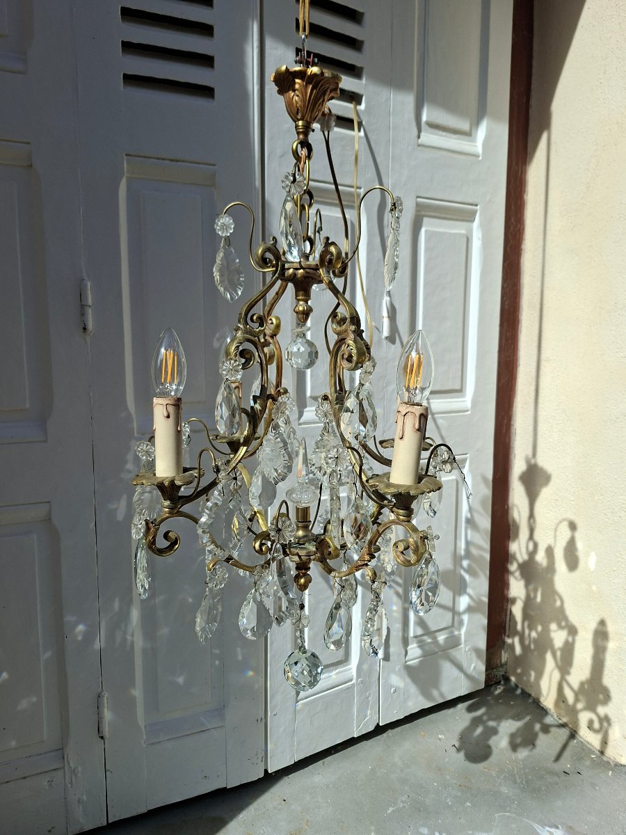 Lustre Cage en Bronze doré et Pampilles de Cristal  -photo-8