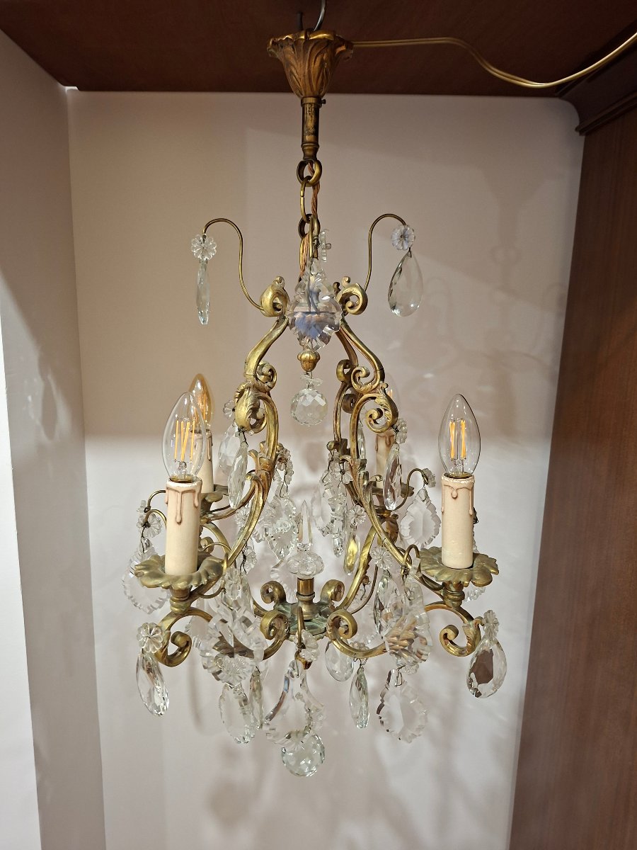 Lustre Cage en Bronze doré et Pampilles de Cristal  
