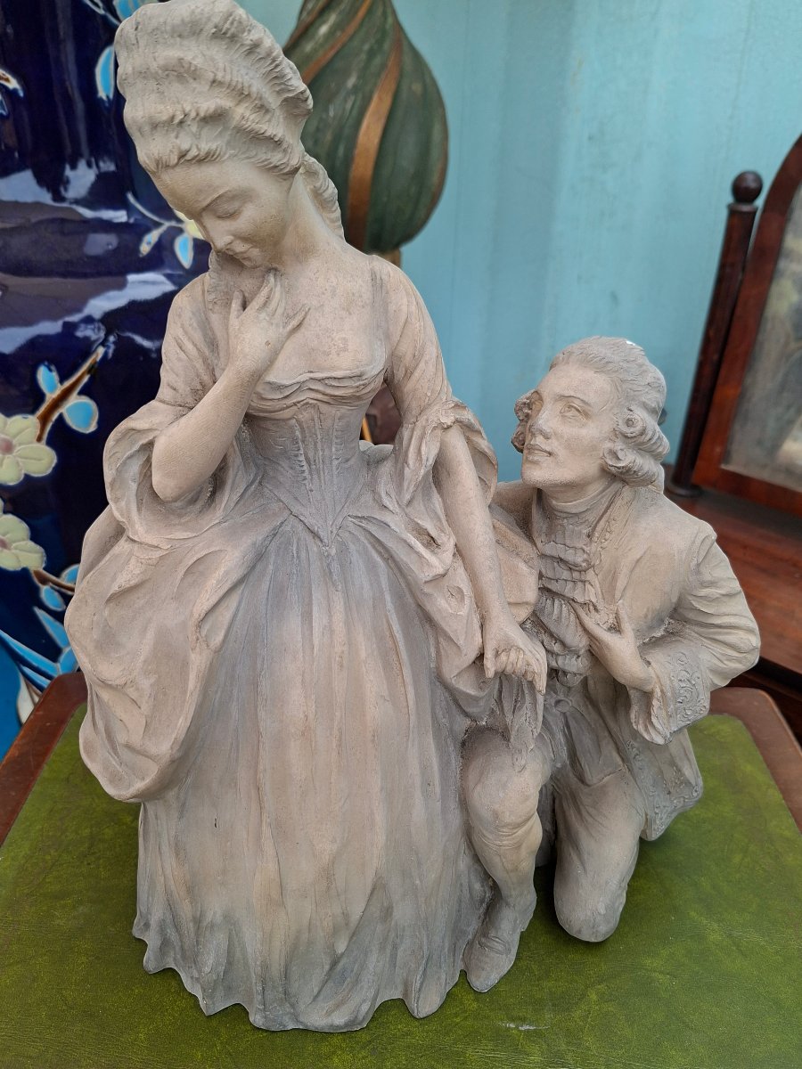 18th-century-style Courtly Couple, 19th-century Terracotta Sculpture-photo-4