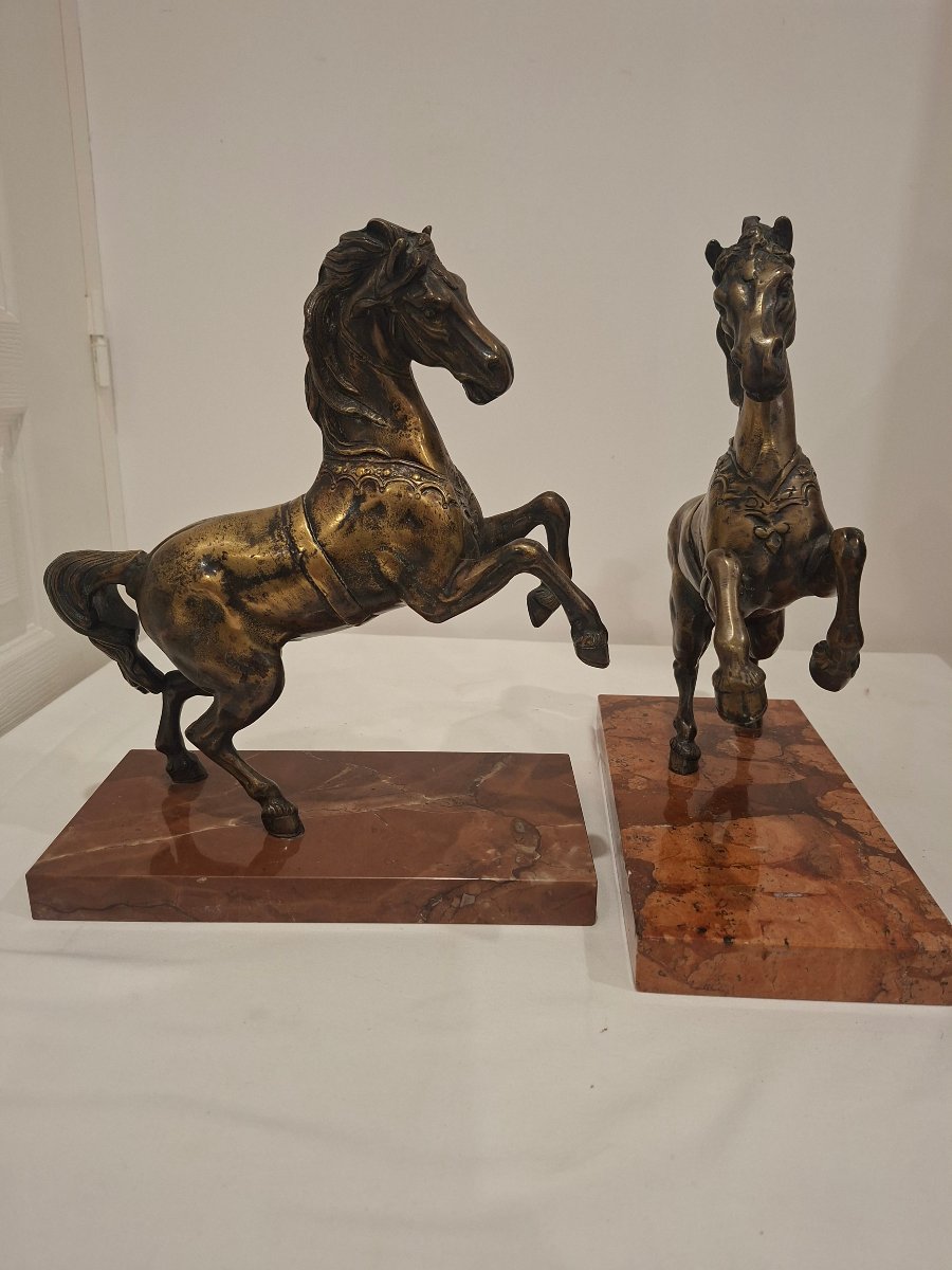 Paire de Chevaux Cambrés en Bronze Patiné, d'époque Art déco -photo-2