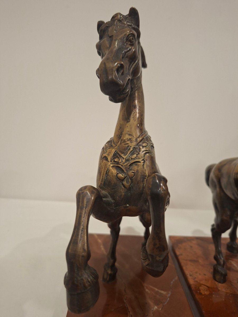 Paire de Chevaux Cambrés en Bronze Patiné, d'époque Art déco -photo-2