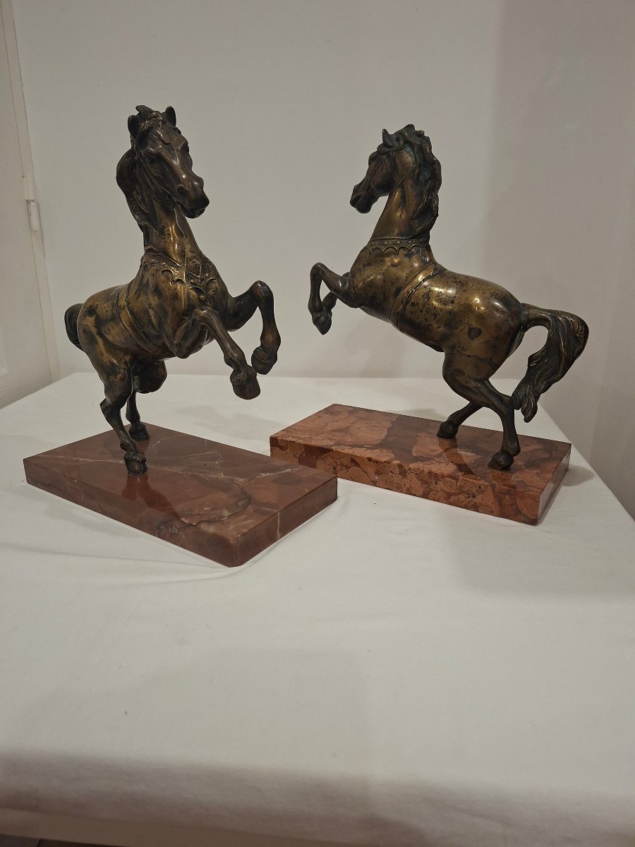 Paire de Chevaux Cambrés en Bronze Patiné, d'époque Art déco -photo-3