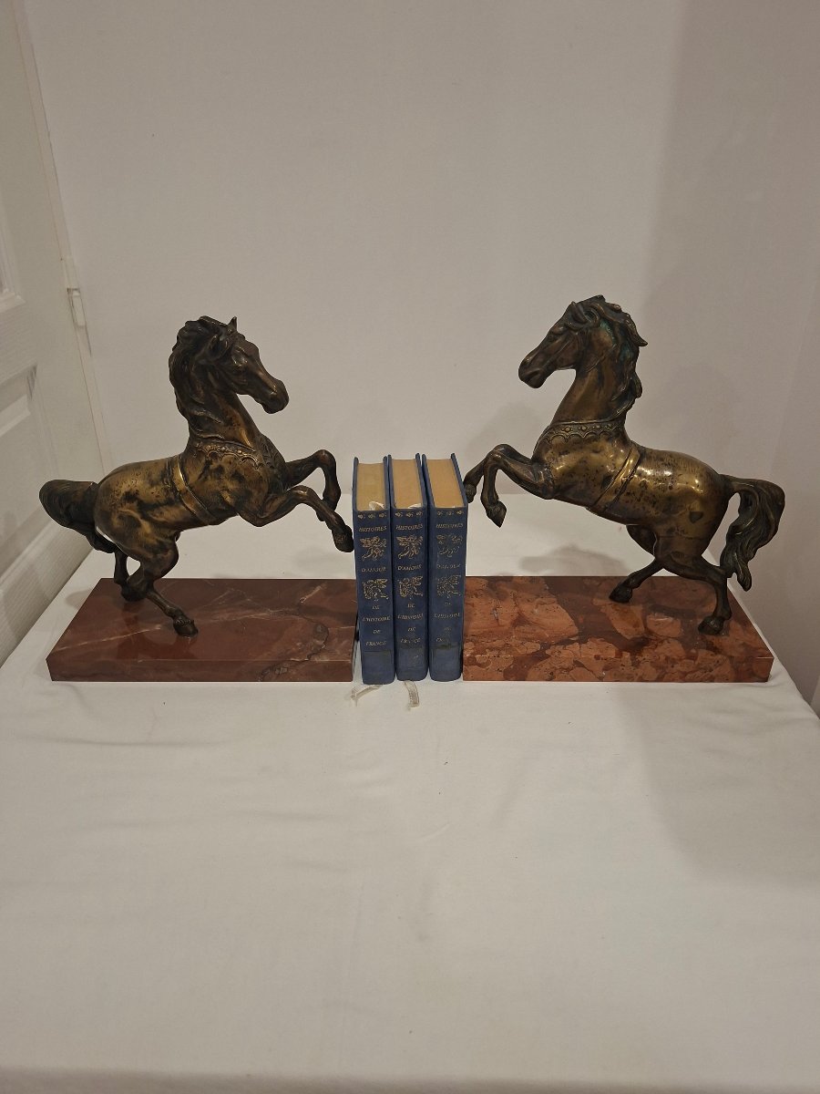 Paire de Chevaux Cambrés en Bronze Patiné, d'époque Art déco -photo-4