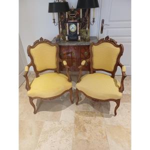 Pair Of Natural Wood Armchairs With Armrests 