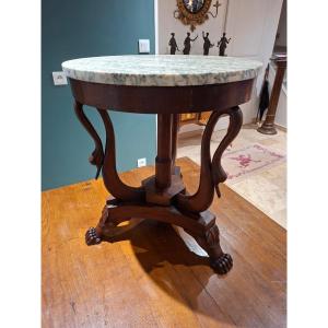 Guéridon tripode aux Cygnes en acajou  dessous marbre