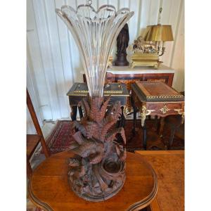 Art Nouveau Crystal Soliflore Vase With Carved Natural Wood Base