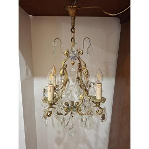Lustre Cage en Bronze doré et Pampilles de Cristal  