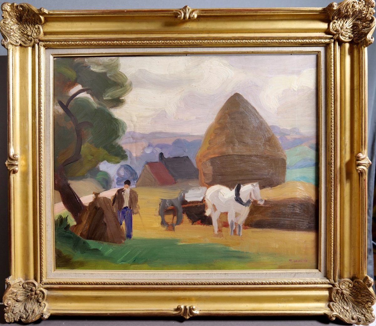 Tableau De Jules-emile Zingg "cheval Tirant Une Charrette Près d'Une Meule De Foin" -photo-2