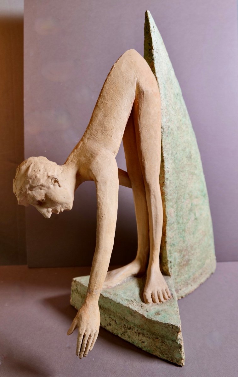 Très Grande Sculpture De Suzana Jaczova (1953 - 2020) "homme Nu Plié En Deux" -photo-3