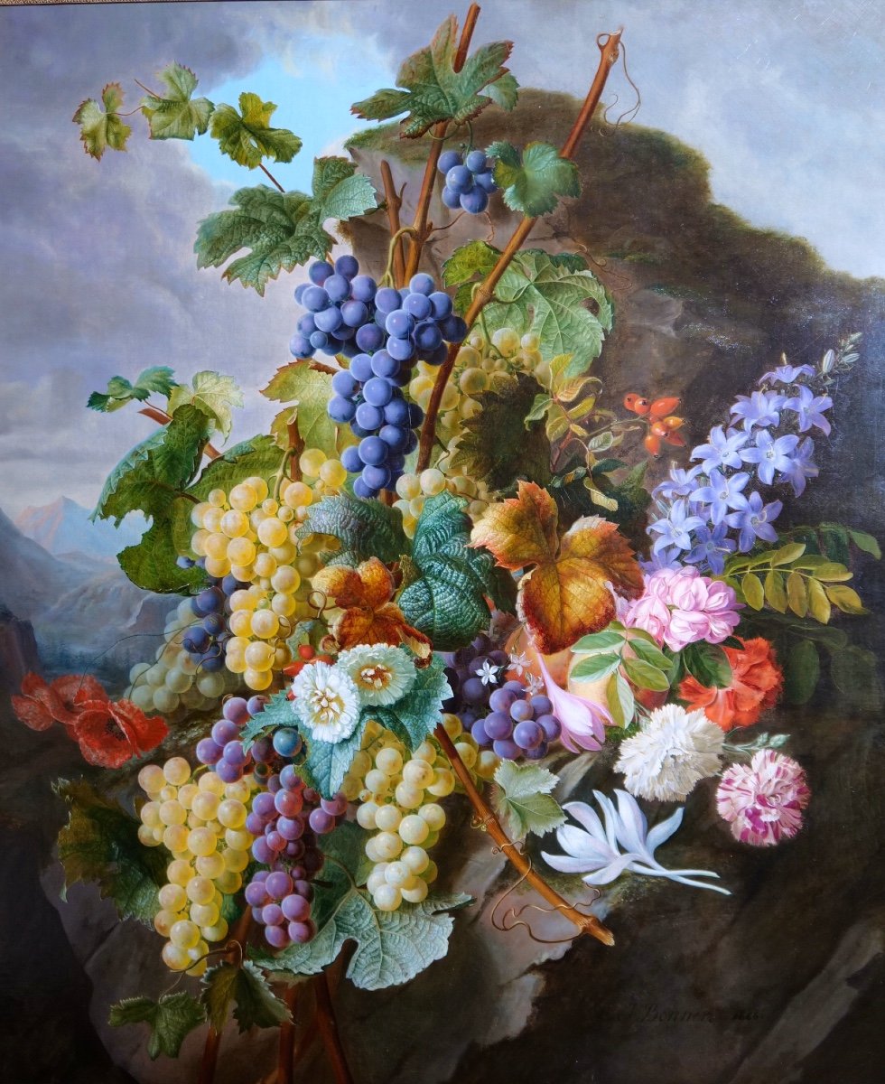 Painting By Jean Benner-fries "still Life With Flowers And Grapes In A Landscape" -photo-2