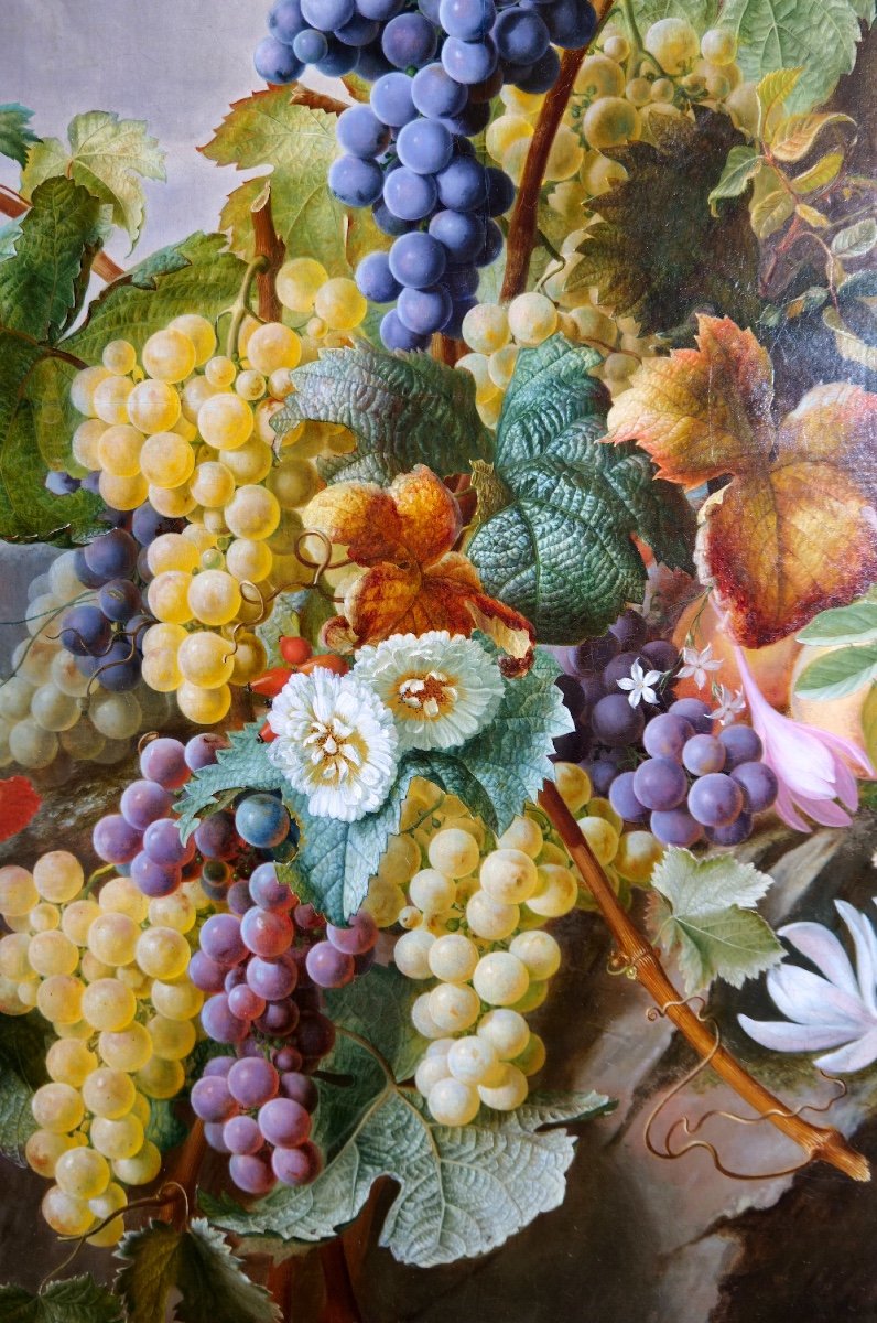Painting By Jean Benner-fries "still Life With Flowers And Grapes In A Landscape" -photo-3