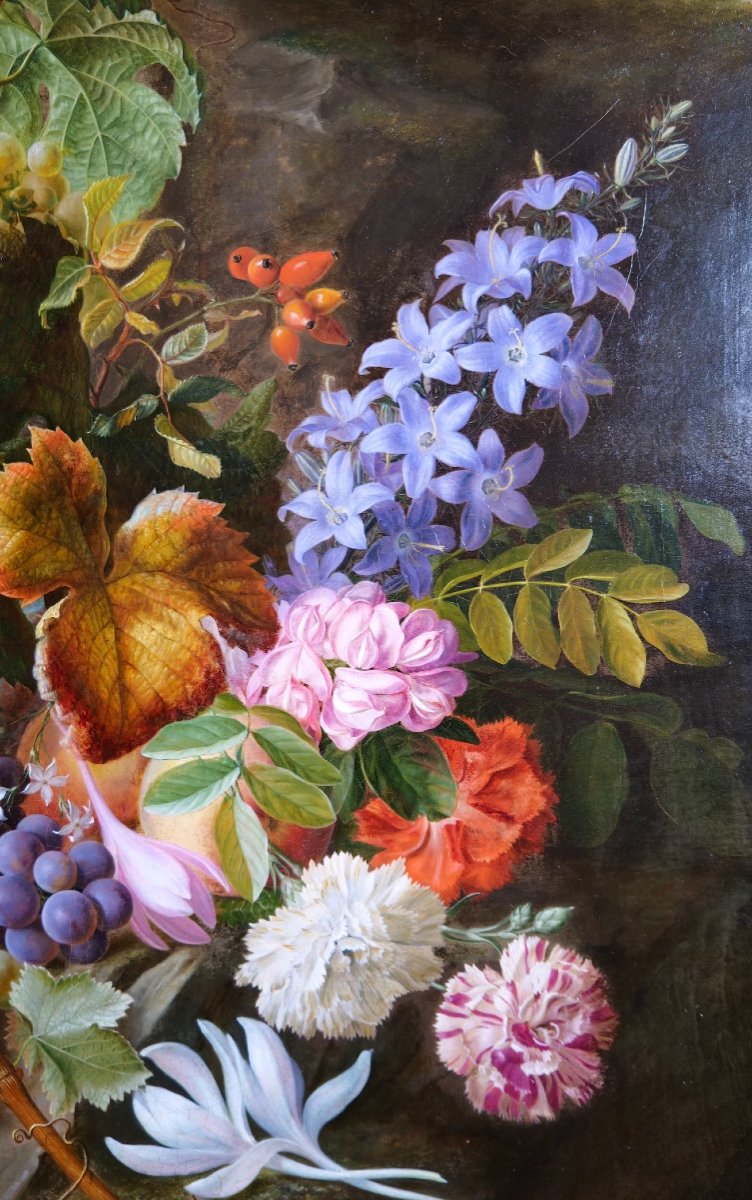 Painting By Jean Benner-fries "still Life With Flowers And Grapes In A Landscape" -photo-4