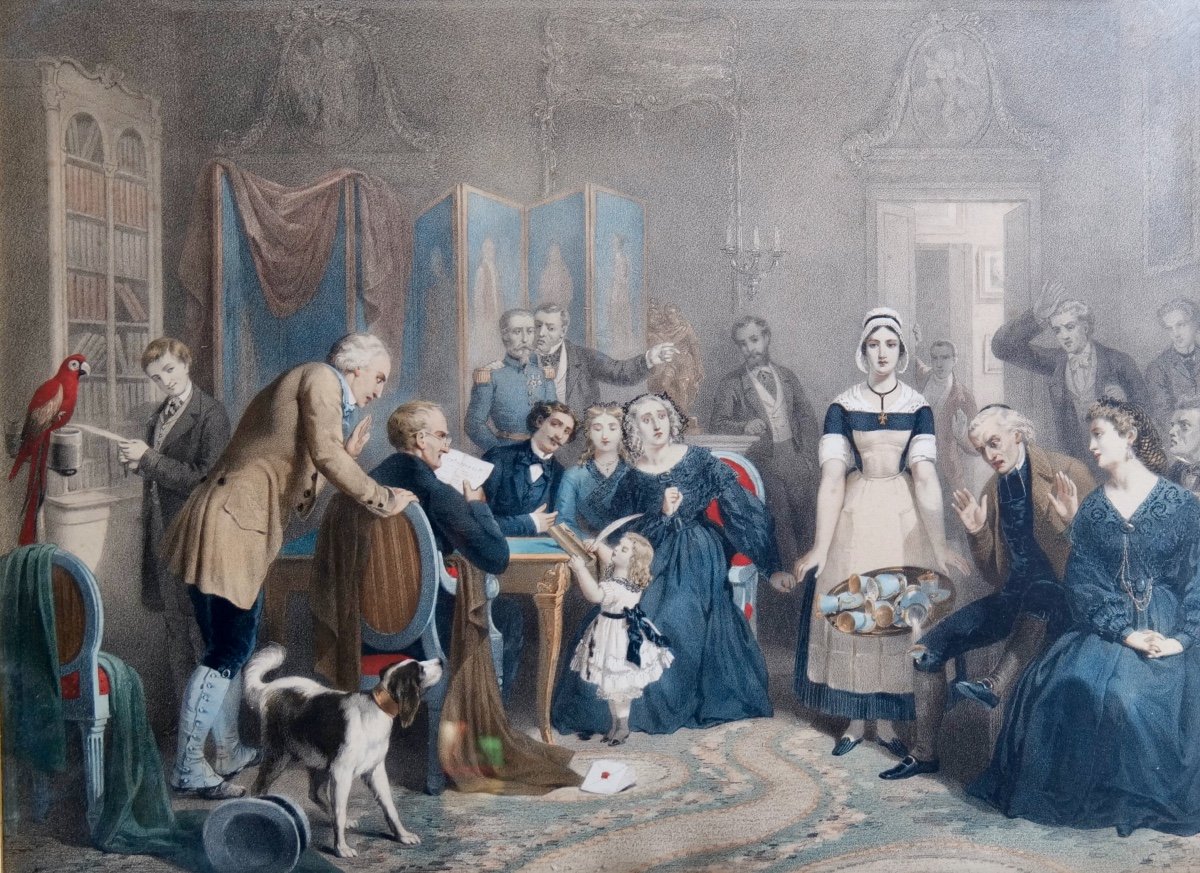 Lithographie XIXe Siècle - "lecture Du Testament Chez Le Notaire" Humoristique-photo-2