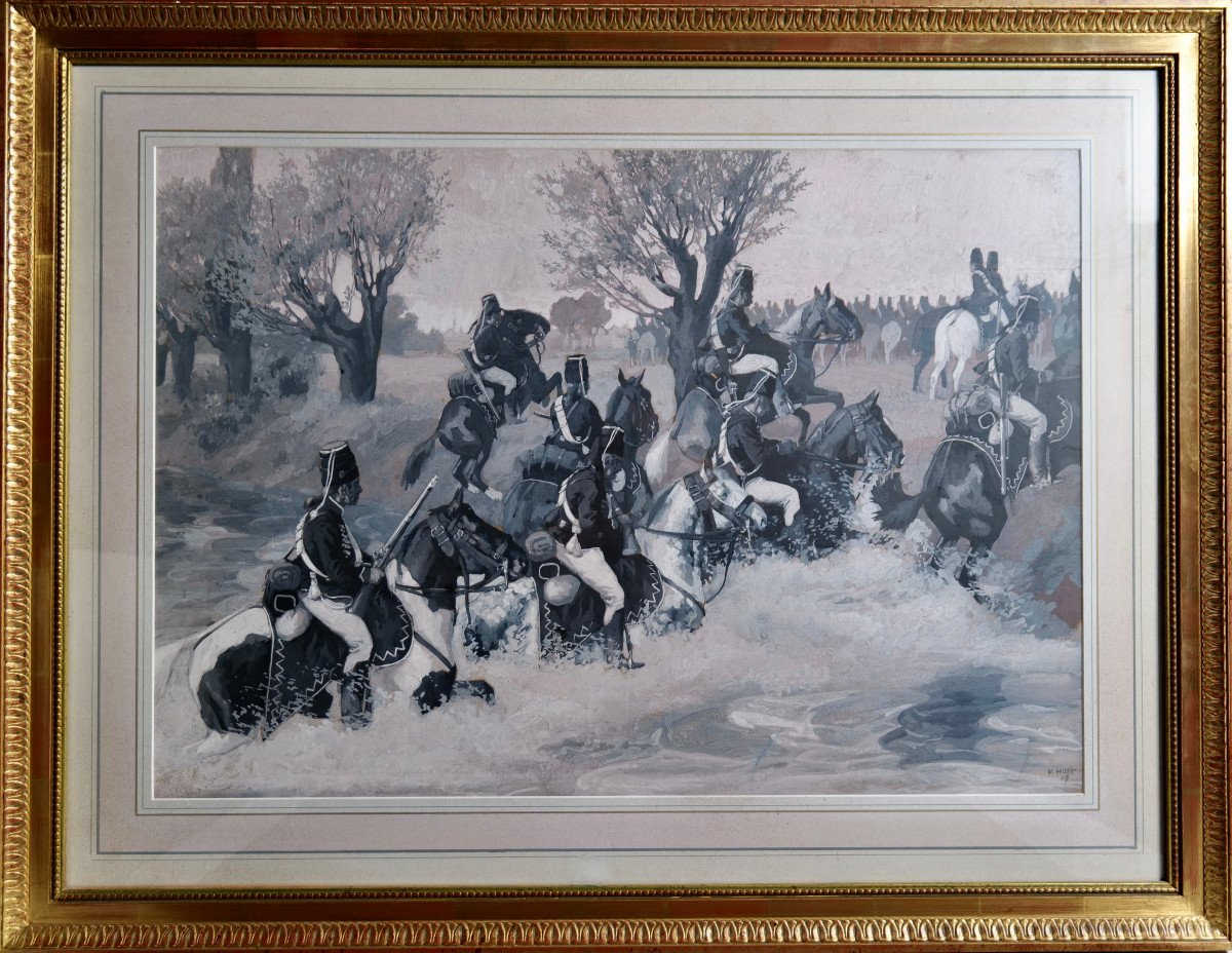 Victor Huen "napoleonic Soldiers Crossing The River" Large Gouache - Milirariat - Napoleon-photo-4