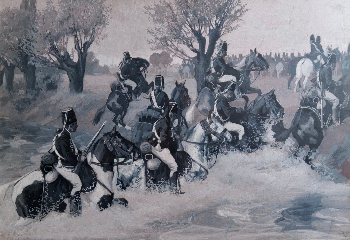 Victor Huen "napoleonic Soldiers Crossing The River" Large Gouache - Milirariat - Napoleon