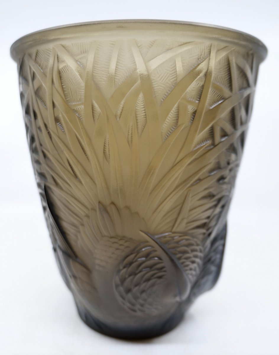 Paire De Vases En Verre Fumé De Pierre d'Avesn à Décor d'Oiseaux - Art Déco - 1930-photo-3
