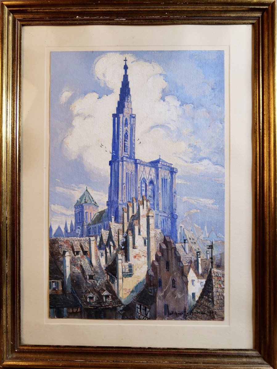 André Schmitt (1888 - 1961) "cathedral And Roofs Of Strasbourg" Watercolor And Gouache - Alsace-photo-1