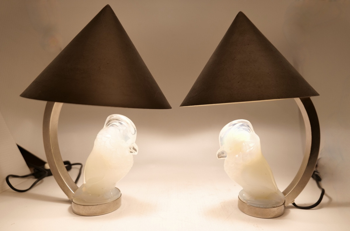 Pair Of Opalescent Glass Lamps By Sabino Or Charles Graffart For Val Saint Lambert 
