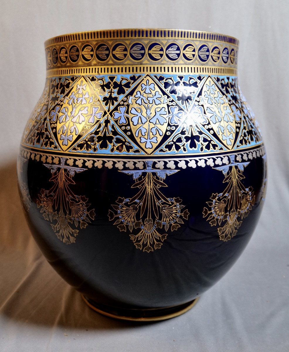 Monumental Cache Pot From Sarreguemines Decorated With Clovers On A Midnight Blue And Gold Background, Late 19th Century-photo-3