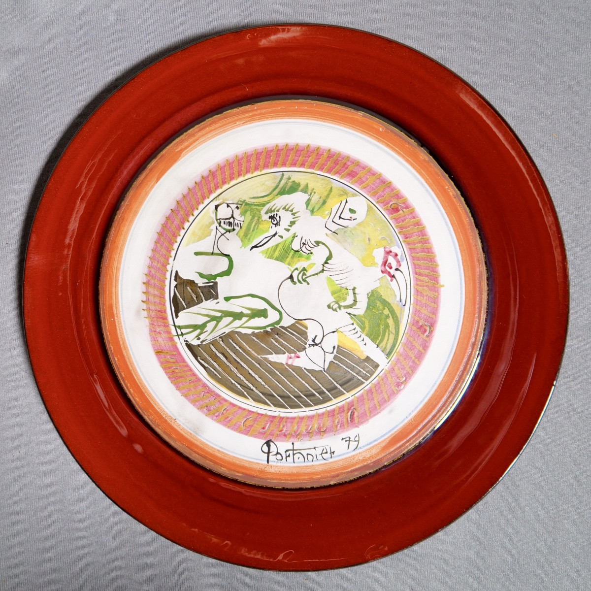 Gilbert Portanier - Plate With Bird Decoration And Red Outline - Vallauris - Cannes