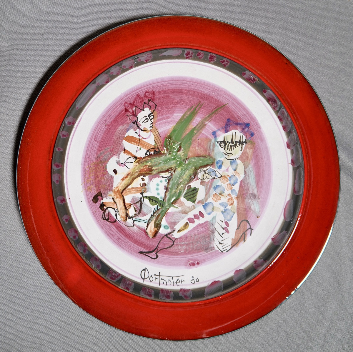 Gilbert Portanier - Plate With Figures And Red Outline - Vallauris - Cannes