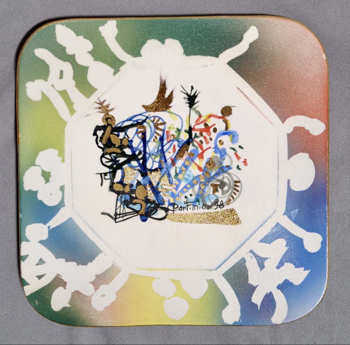 Gilbert Portanier - Square Plate With Abstract Composition, Colored And Gold - Vallauris - Cannes