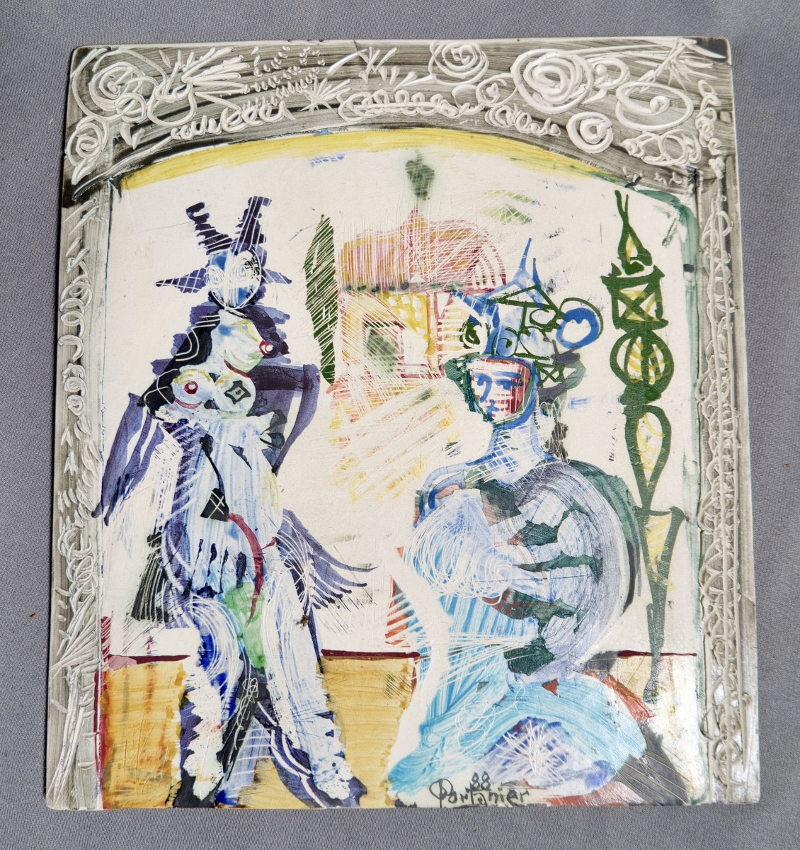 Gilbert PORTANIER - Assiette carrée à décor de deux femmes - Vallauris - Cannes