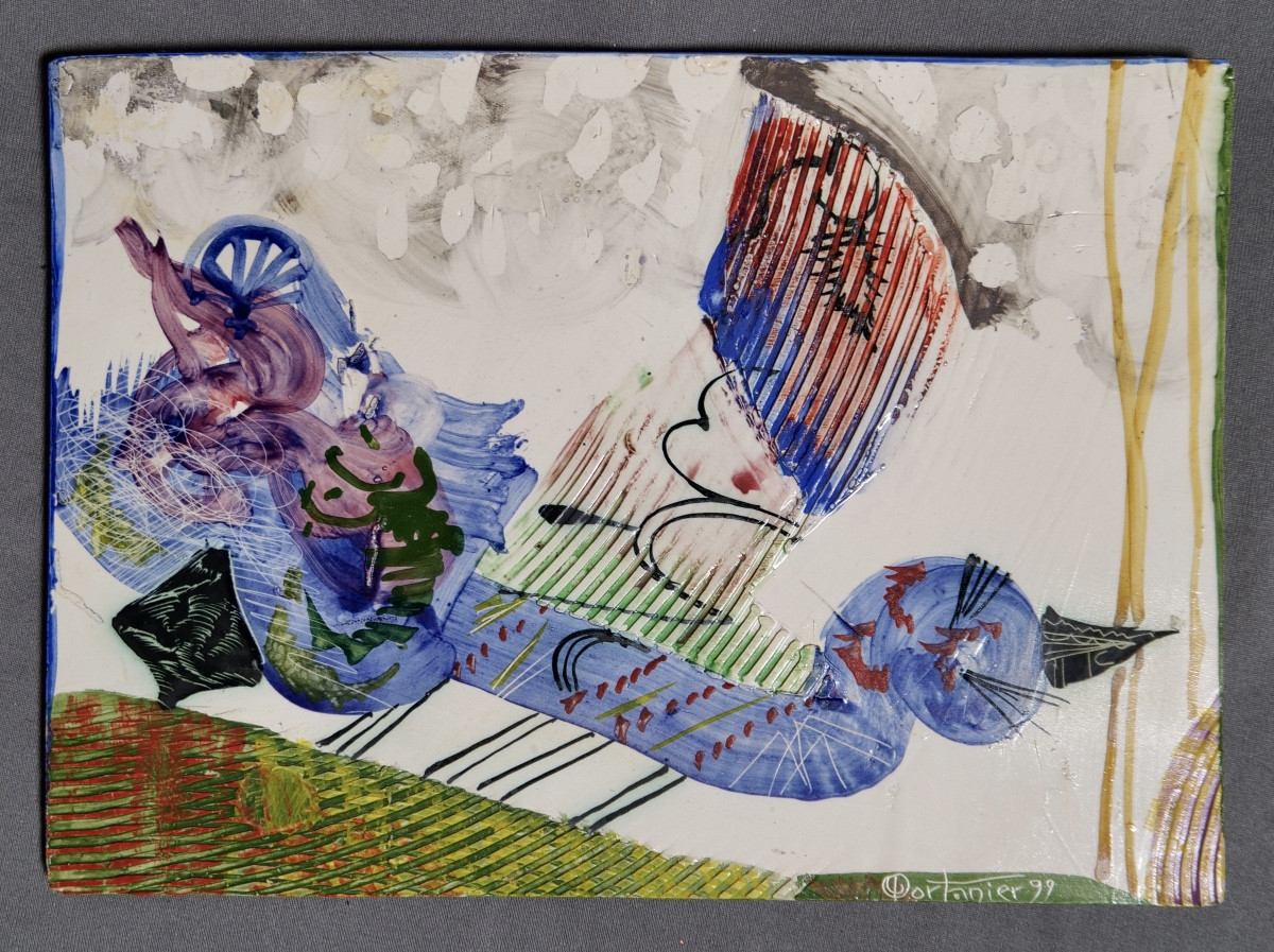 Gilbert PORTANIER - Carreau de forme rectangulaire représentant un oiseau - Vallauris - Cannes