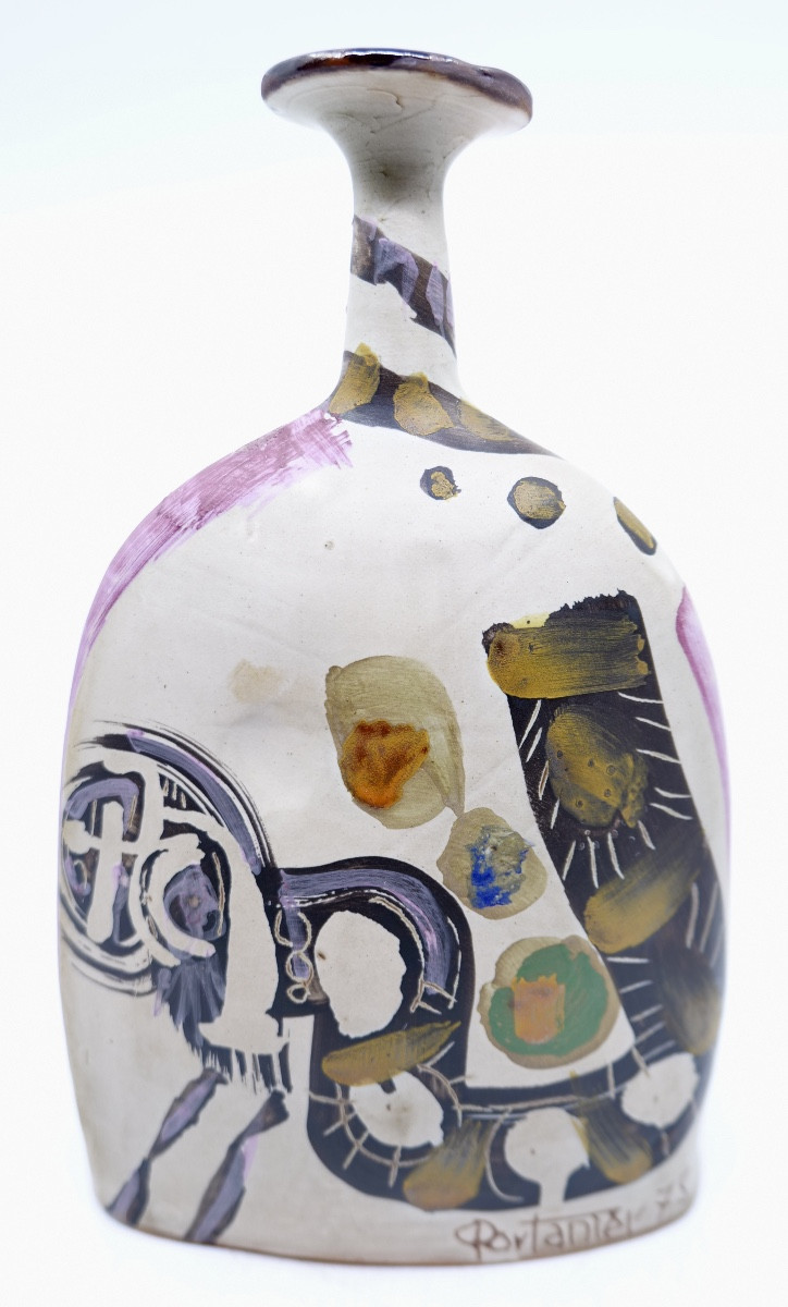 Gilbert PORTANIER - Vase à col élancé  à motifs abstraits colorés- Vallauris - Cannes