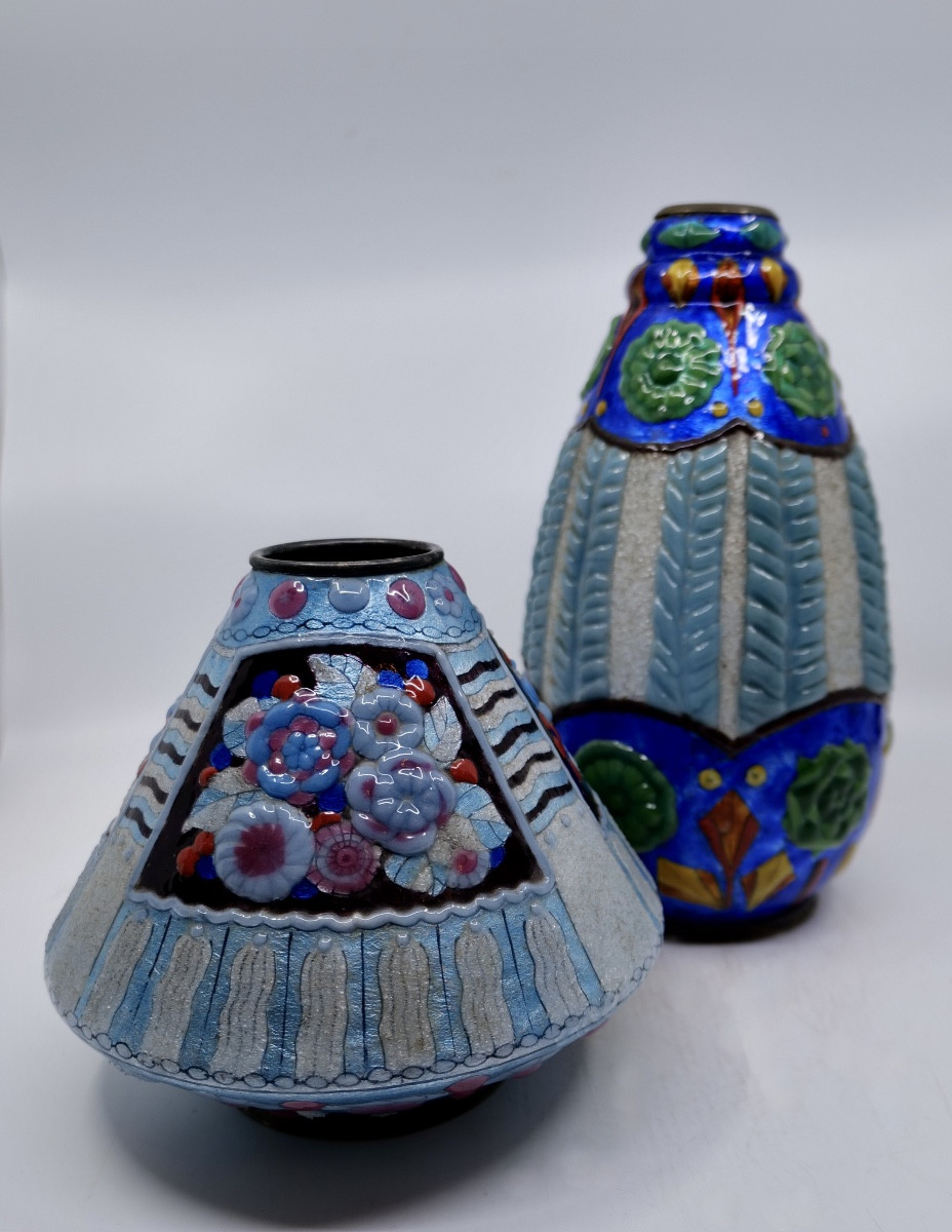 Jules Sarlandié Vase (1874 - 1936) - Large Shell Vase In Enameled Brass - Circa 1925 - Limoges-photo-1