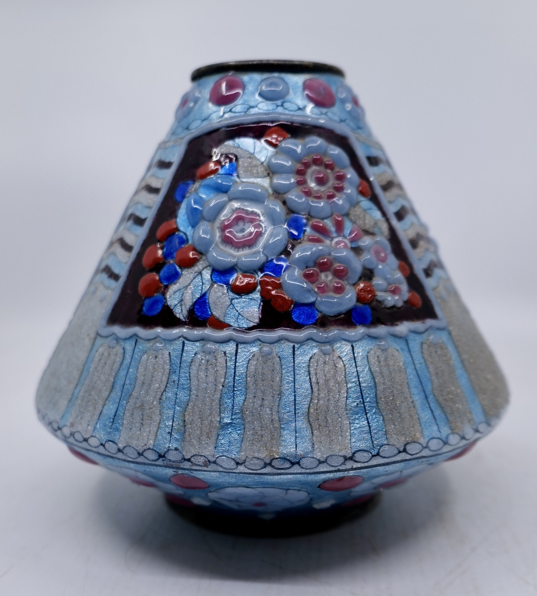 Jules Sarlandié Vase (1874-1936) - Truncated Conical Vase In Enameled Brass - Circa 1925 - Limoges