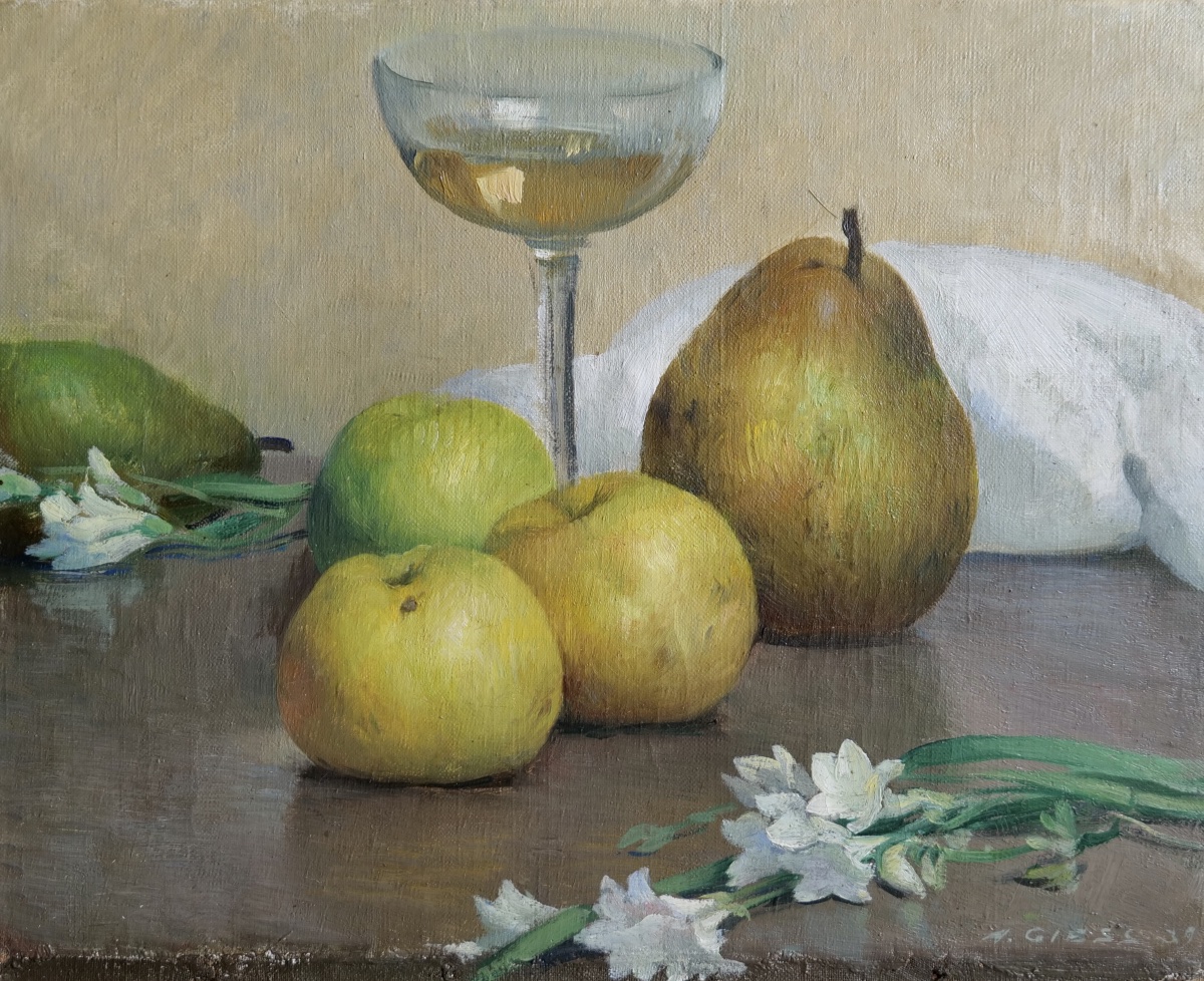 Alfred GIESS (1901 - 1973) "Nature morte aux fruits, fleurs et verre de vin" - 1939 - Alsace-photo-2