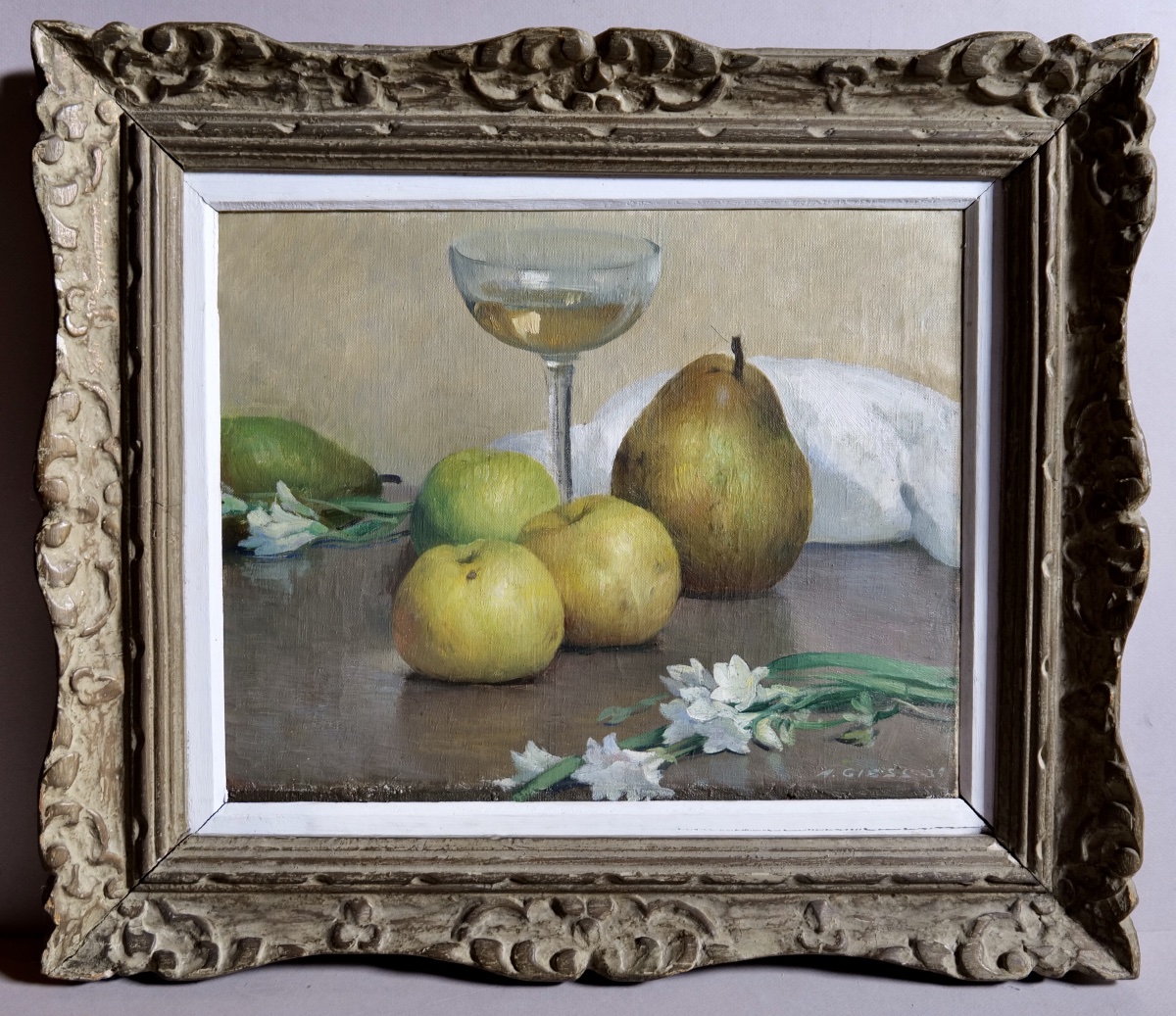 Alfred GIESS (1901 - 1973) "Nature morte aux fruits, fleurs et verre de vin" - 1939 - Alsace