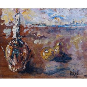 Filippo De Pisis (1896 - 1956) "still Life With Bottle And Fruit" Oil On Panel