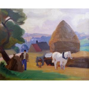 Tableau De Jules-emile Zingg "cheval Tirant Une Charrette Près d'Une Meule De Foin" 