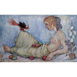 Nicolas EEKMAN (1889 - 1973) "L'oiseau de feu" aquarelle originale - Belgique - hollande